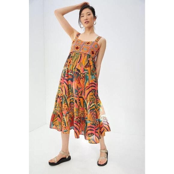 Farm‎ Rio x Anthropologie Orange Crochet Maxi Dress Size Small - Picture 1 of 13